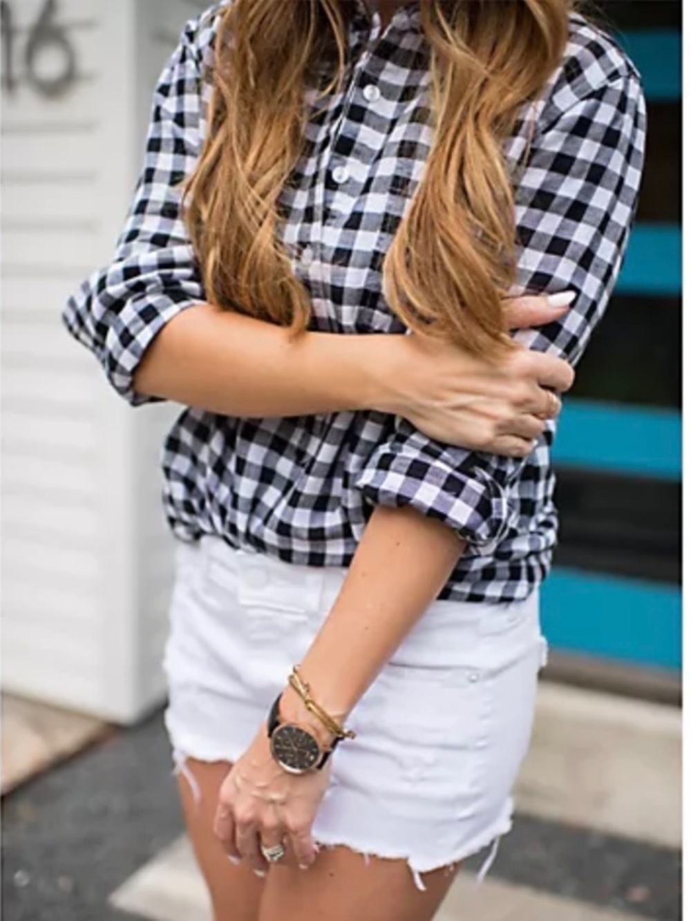 Rachel Hollis Gingham Linen Blend Woven Henley Shirt Black White SZ 14 - Picture 2 of 16